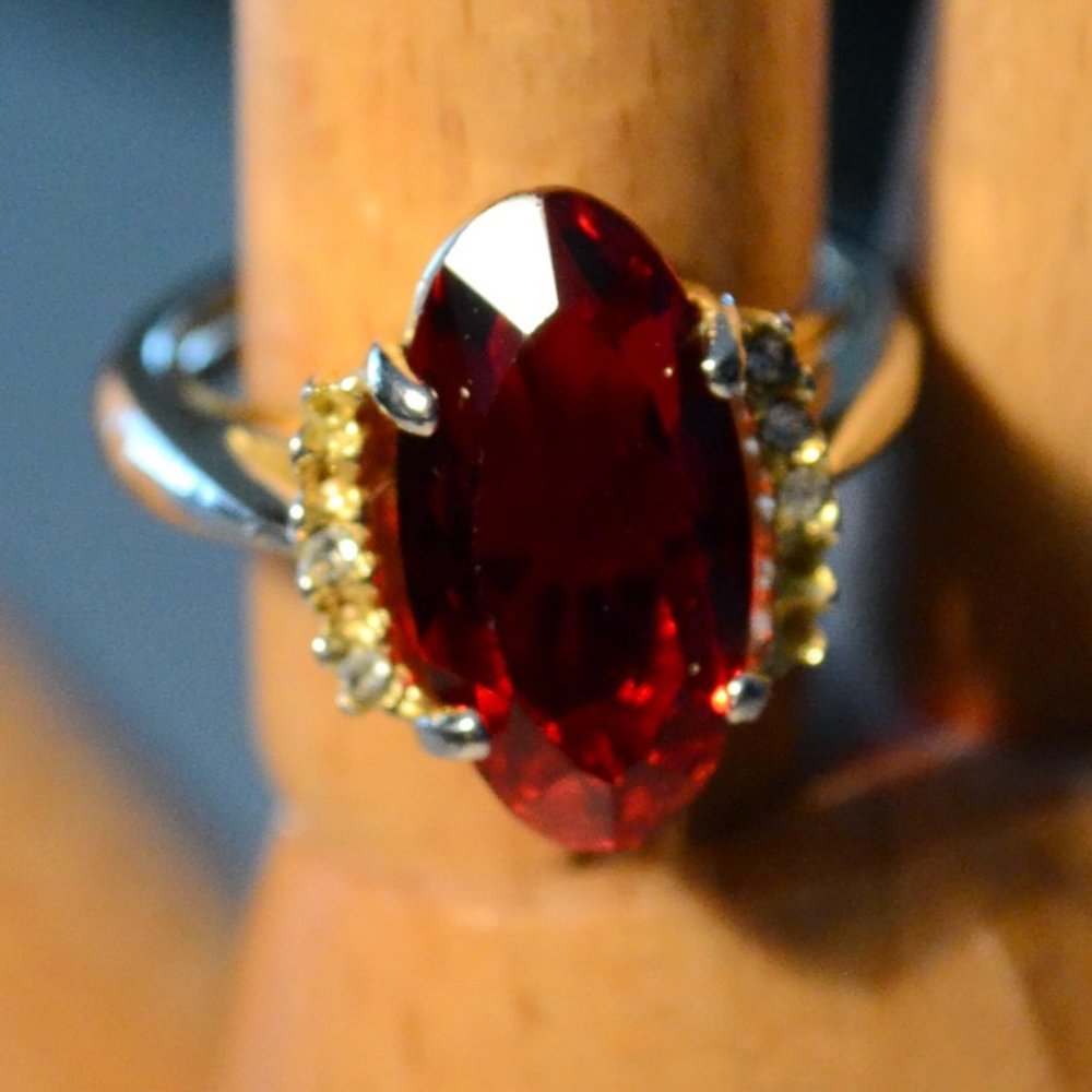 Ruby Red Glass Crystal Cocktail Ring - Size 7-1/2